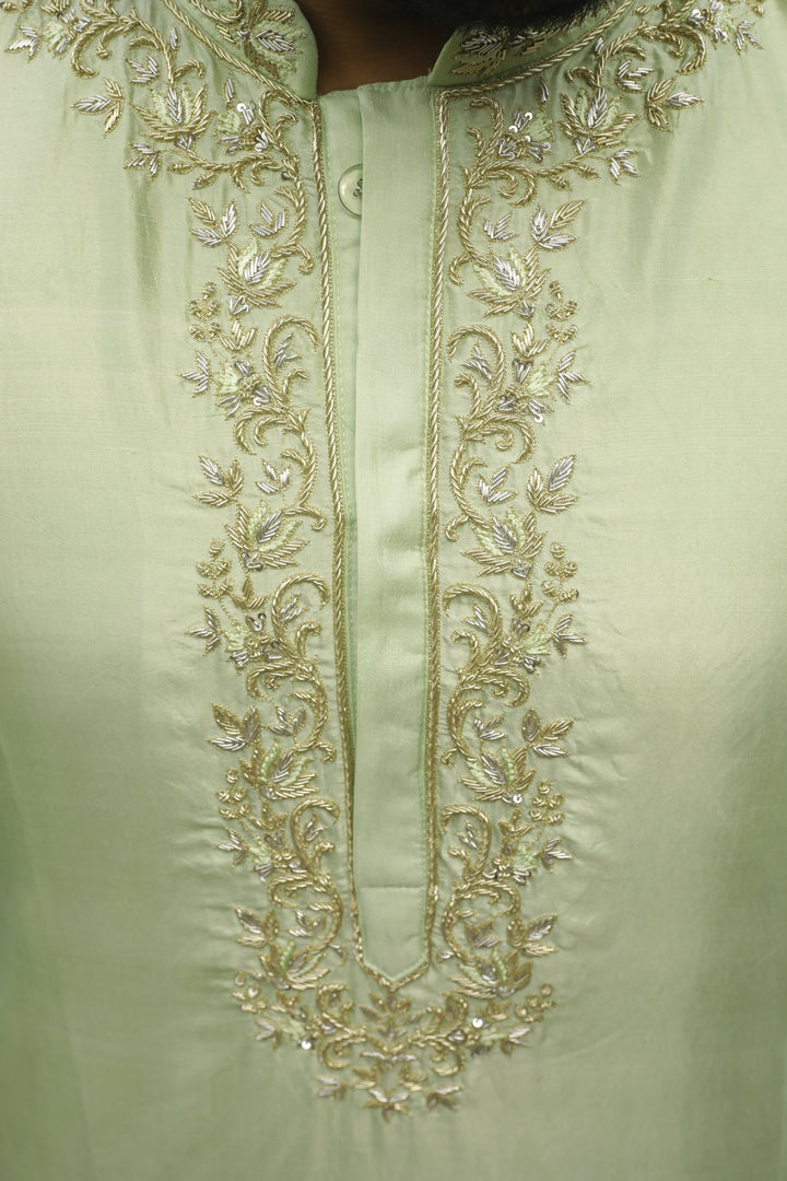 Green Silk Embroidered Kurta