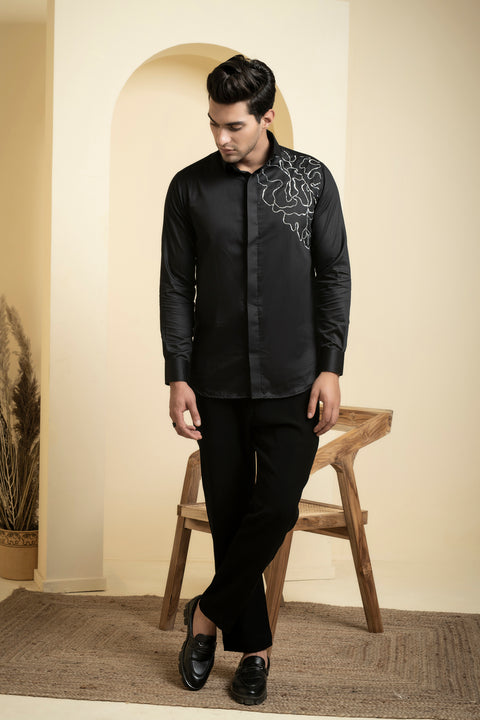 Sterling — Black Abstract Embroidered Cotton Satin Shirt