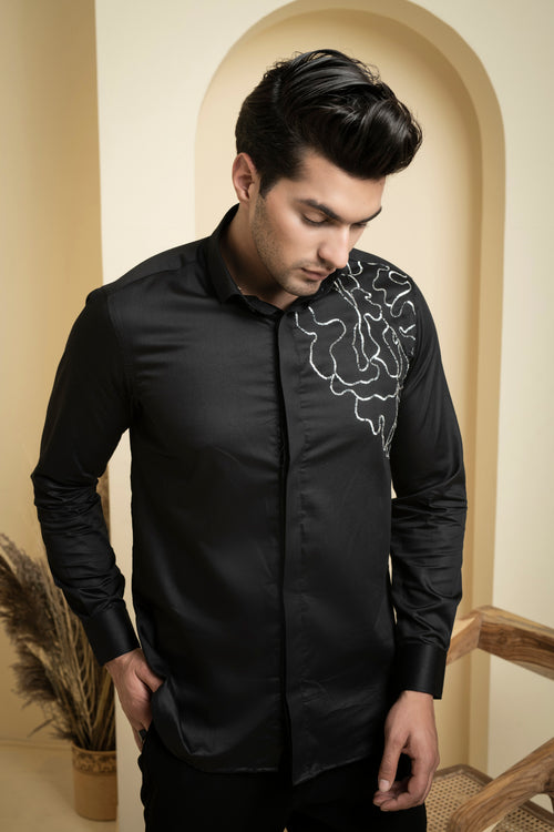 Sterling — Black Abstract Embroidered Cotton Satin Shirt