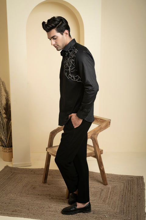 Sterling — Black Abstract Embroidered Cotton Satin Shirt