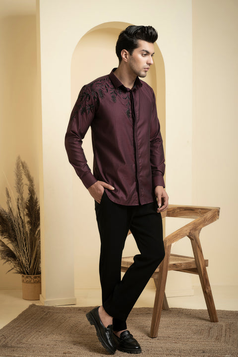 Daze — Burgundy Shimmer Embroidered Giza Cotton Shirt