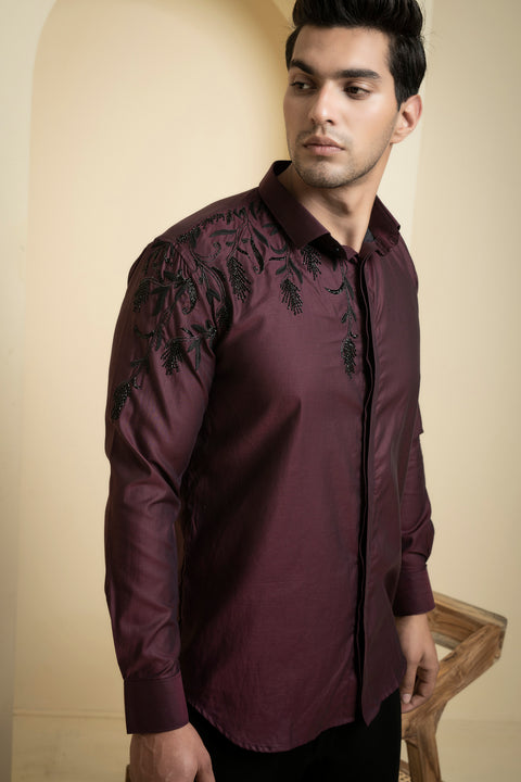 Daze — Burgundy Shimmer Embroidered Giza Cotton Shirt