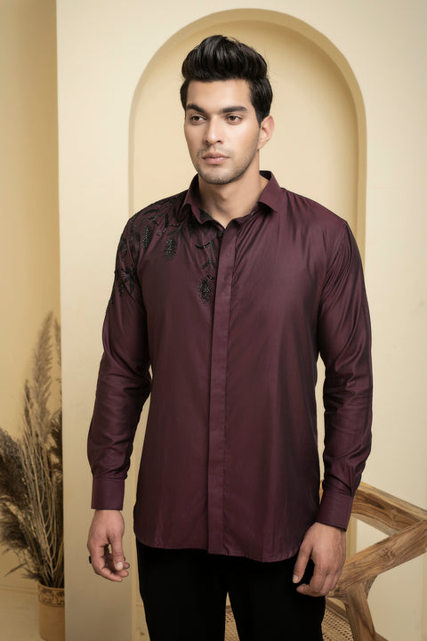 Daze — Burgundy Shimmer Embroidered Giza Cotton Shirt