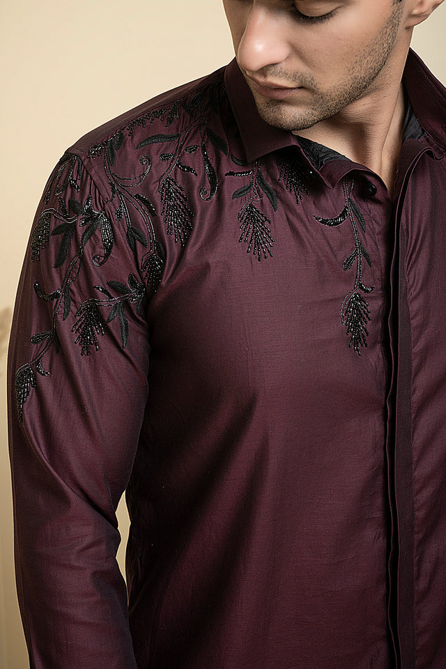 Daze — Burgundy Shimmer Embroidered Giza Cotton Shirt