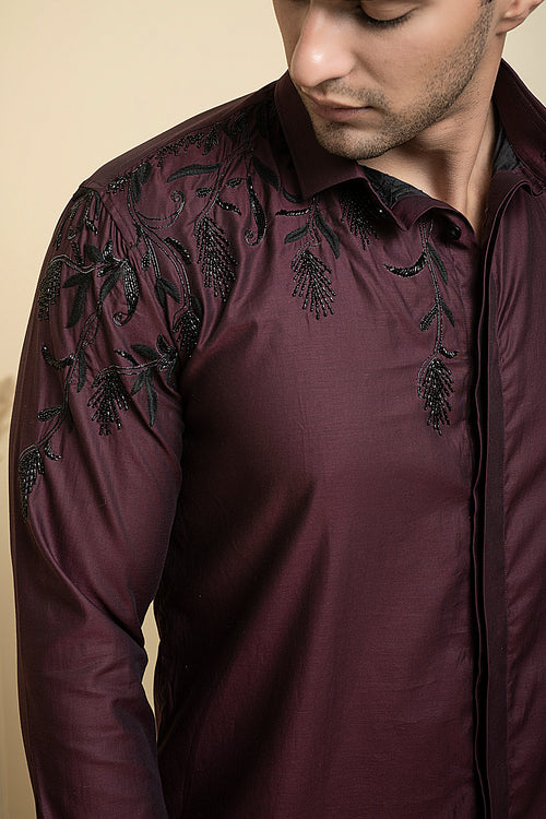 Daze — Burgundy Shimmer Embroidered Giza Cotton Shirt