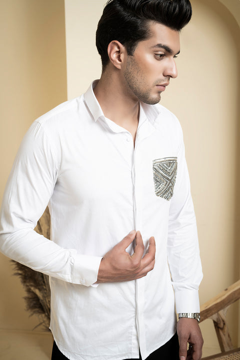 Elnor — White Shimmer Embroidered Giza Cotton Shirt