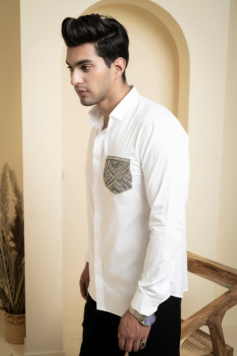Elnor — White Shimmer Embroidered Giza Cotton Shirt