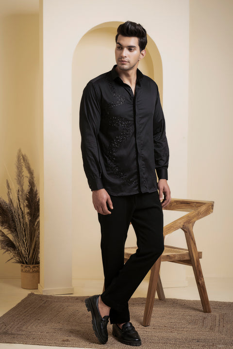 Awel — Black Swirl Embroidered Giza Cotton Shirt