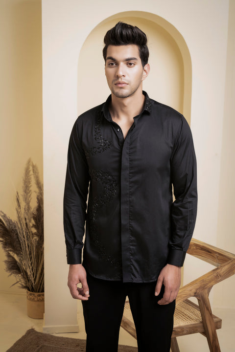 Awel — Black Swirl Embroidered Giza Cotton Shirt