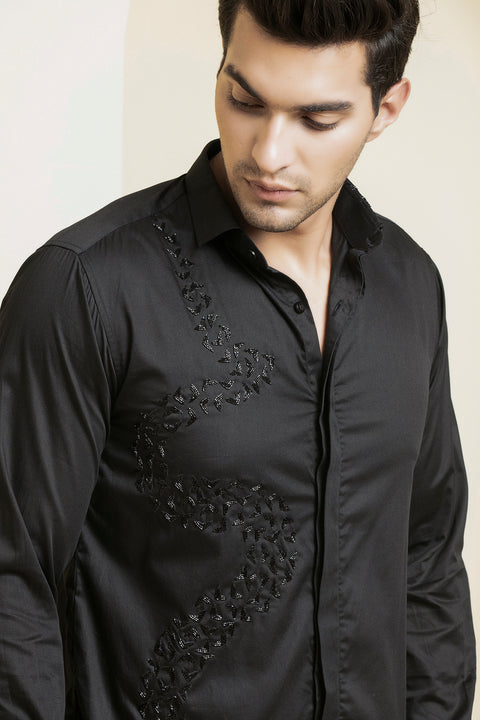 Awel — Black Swirl Embroidered Giza Cotton Shirt