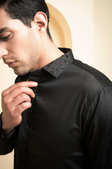 Awel — Black Swirl Embroidered Giza Cotton Shirt