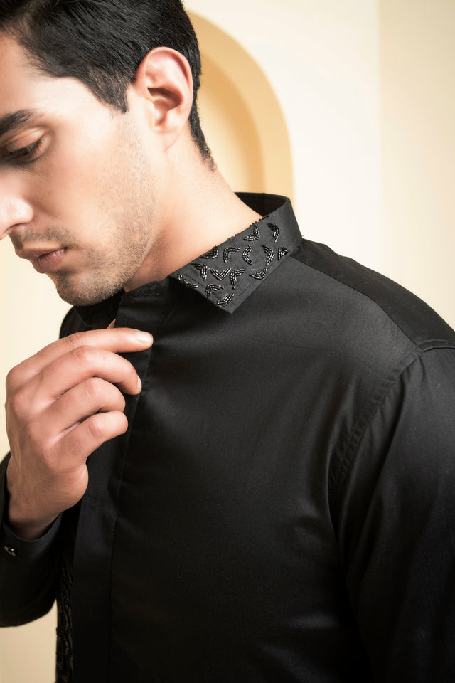 Awel — Black Swirl Embroidered Giza Cotton Shirt