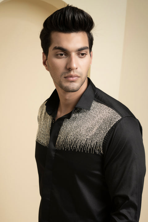 Glare — Black Shimmer Embroidered Giza Cotton Shirt