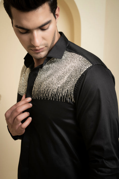 Glare — Black Shimmer Embroidered Giza Cotton Shirt