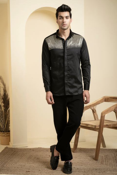 Glare — Black Shimmer Embroidered Giza Cotton Shirt