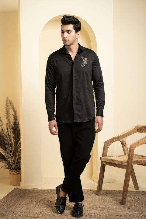 Perto Reindeer — Black Reindeer Embroidered Cotton Satin Shirt