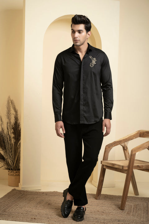 Perto Reindeer — Black Reindeer Embroidered Cotton Satin Shirt
