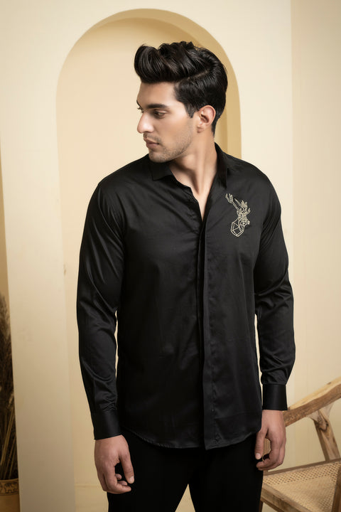 Perto Reindeer — Black Reindeer Embroidered Cotton Satin Shirt