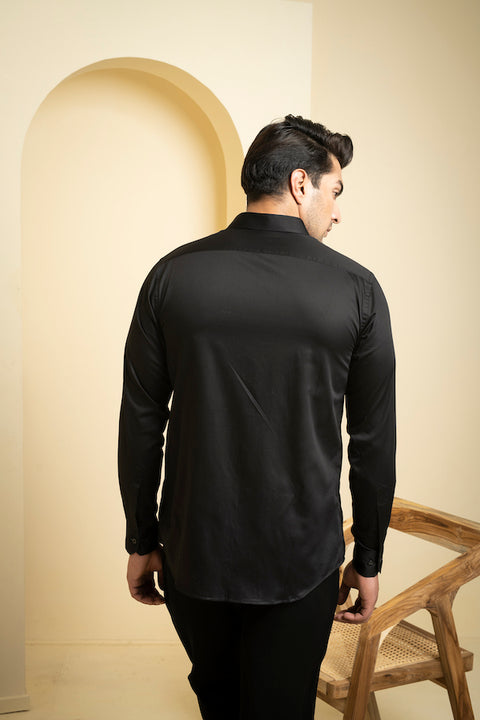 Perto Elephant — Black Elephant Embroidered Cotton Satin Shirt