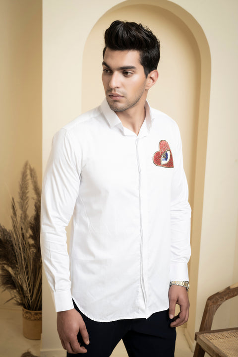 Redert — White Abstract Embroidered Cotton Satin Shirt