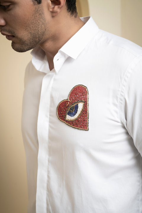 Redert — White Abstract Embroidered Cotton Satin Shirt