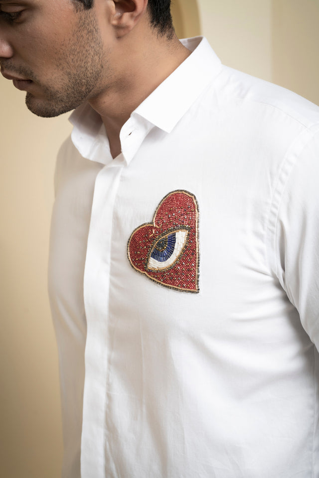 Redert — White Abstract Embroidered Cotton Satin Shirt
