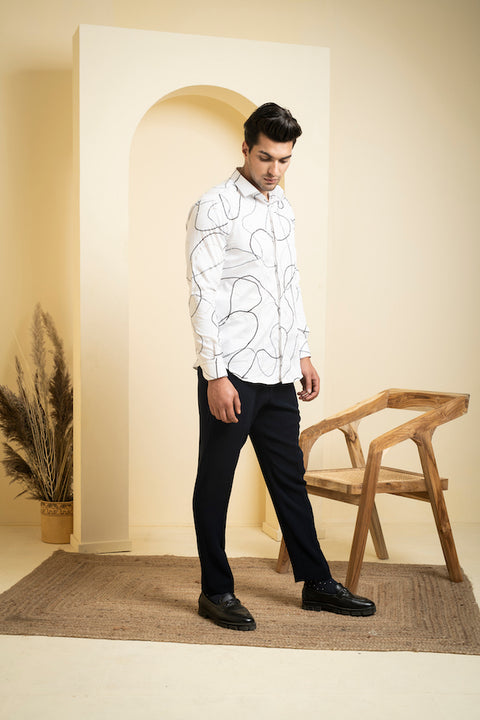 Seiche — White Abstract Embroidered Cotton Satin Shirt