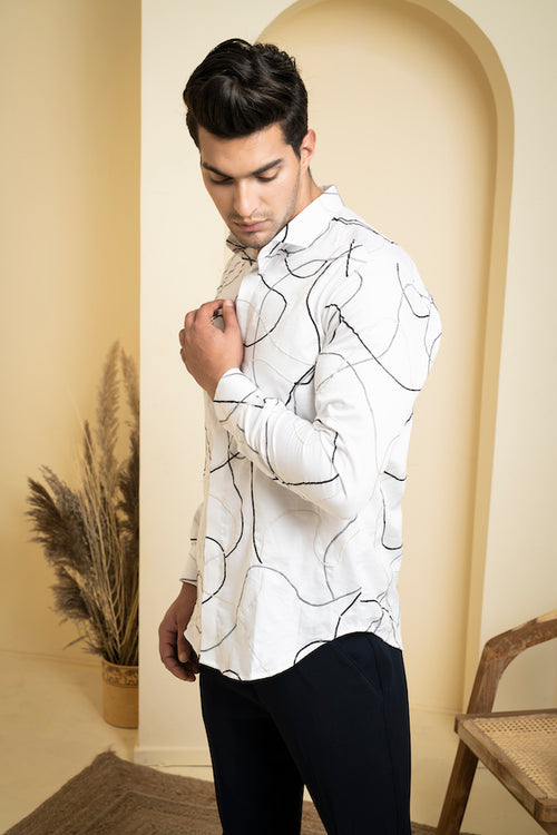 Seiche — White Abstract Embroidered Cotton Satin Shirt