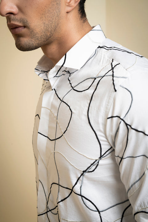 Seiche — White Abstract Embroidered Cotton Satin Shirt