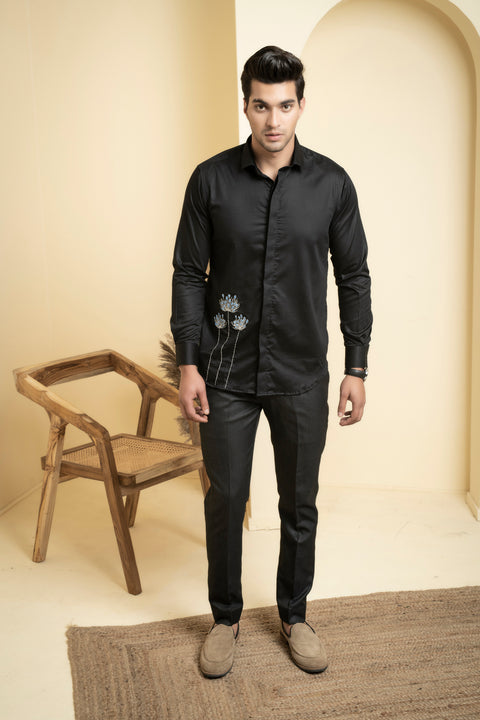 Atore — Black Abstract Embroidered Cotton Satin Shirt