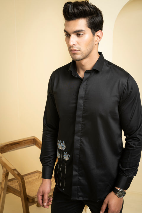 Atore — Black Abstract Embroidered Cotton Satin Shirt