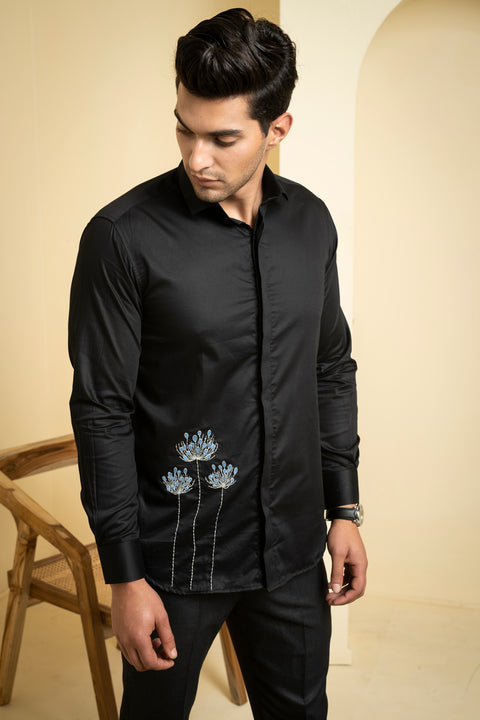 Atore — Black Abstract Embroidered Cotton Satin Shirt