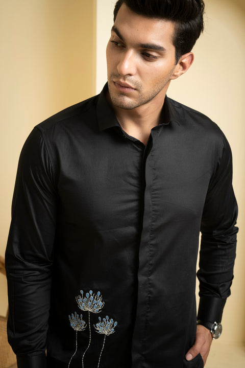 Atore — Black Abstract Embroidered Cotton Satin Shirt