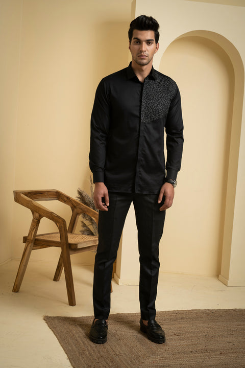 Distorted — Black Abstract Embroidered Giza Cotton Shirt