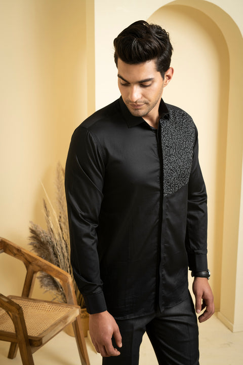 Distorted — Black Abstract Embroidered Giza Cotton Shirt