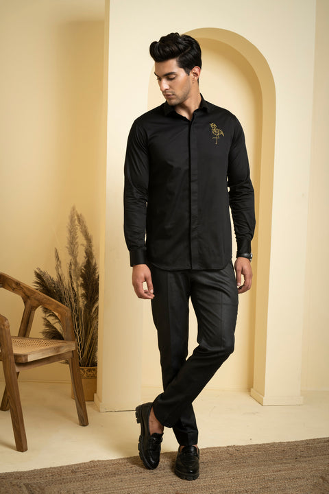 Perto Crane — Black Crane Embroidered Cotton Satin Shirt