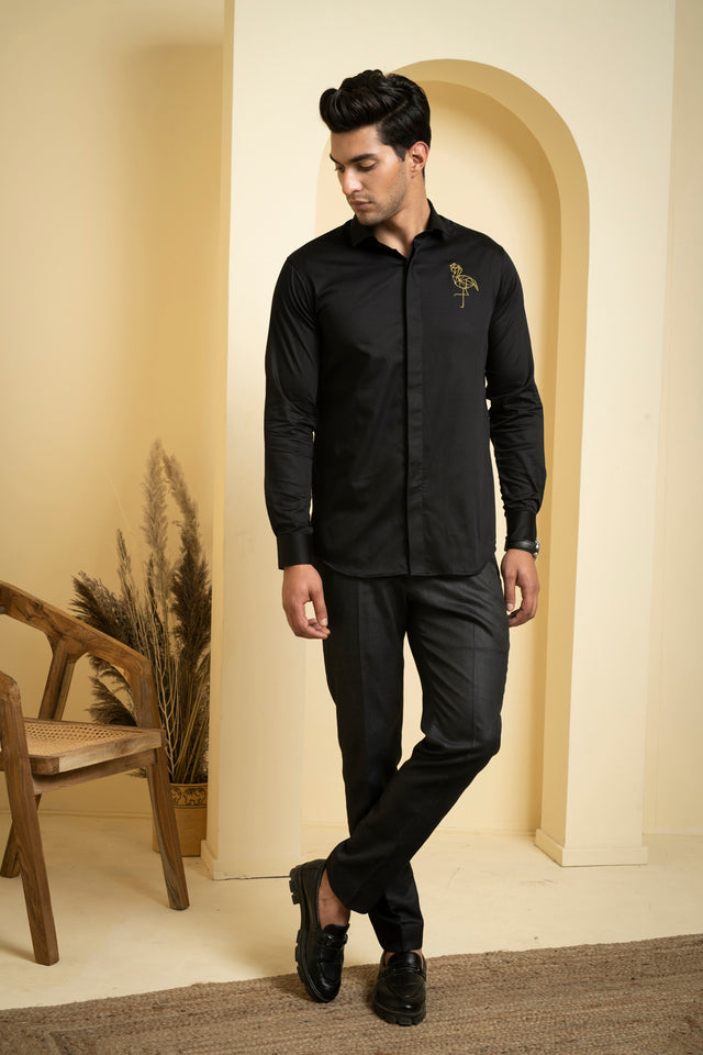 Perto Crane — Black Crane Embroidered Cotton Satin Shirt