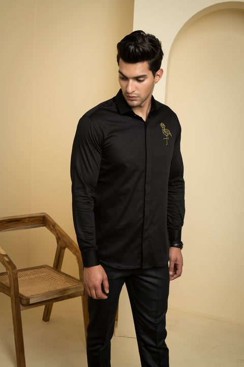 Perto Crane — Black Crane Embroidered Cotton Satin Shirt