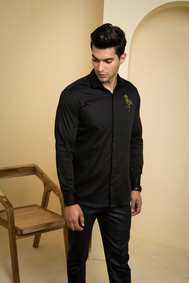 Perto Crane — Black Crane Embroidered Cotton Satin Shirt