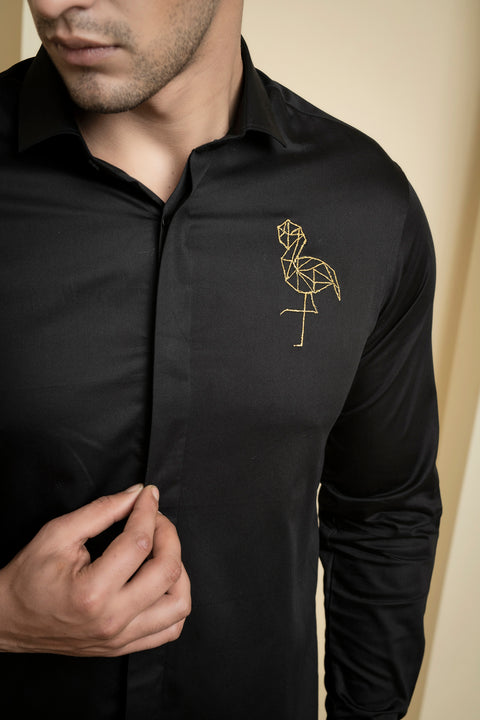 Perto Crane — Black Crane Embroidered Cotton Satin Shirt