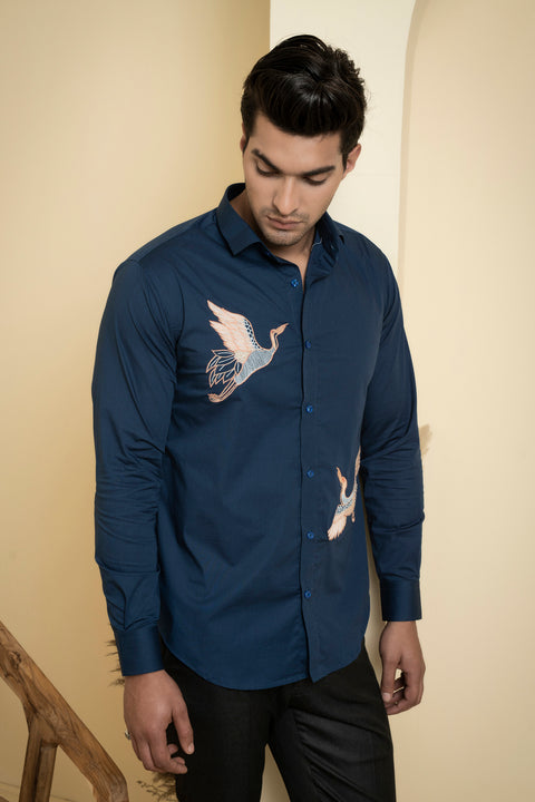 Cran — Blue Embroidered Poplin Shirt