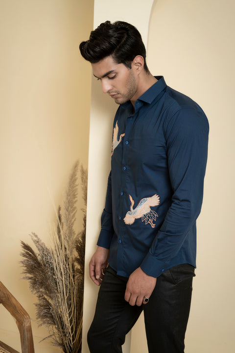 Cran — Blue Embroidered Poplin Shirt