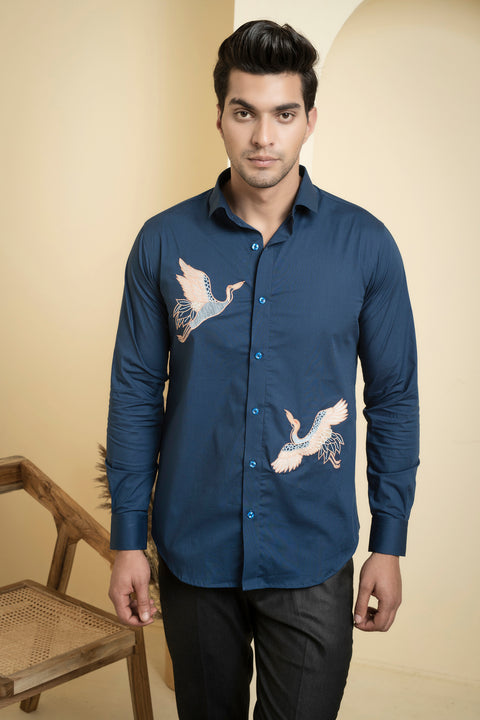 Cran — Blue Embroidered Poplin Shirt