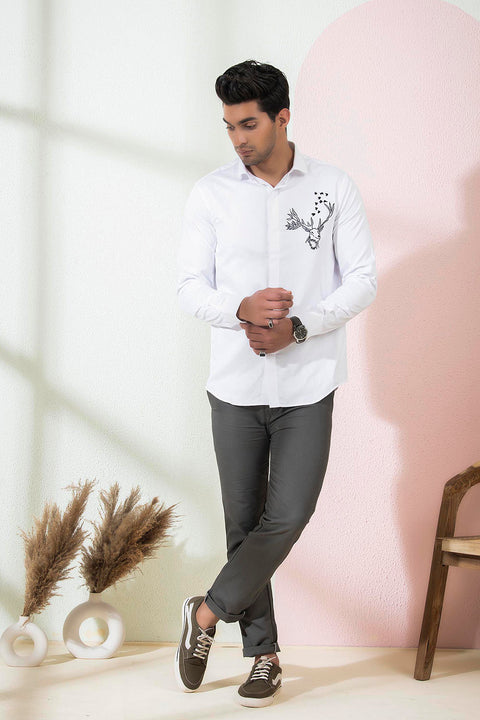 Bianco Reindeer — White Reindeer Embroidered Cotton Satin Shirt