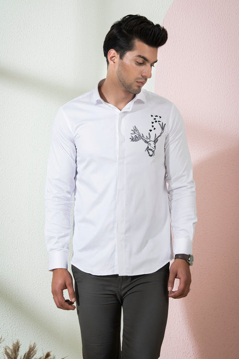 Bianco Reindeer — White Reindeer Embroidered Cotton Satin Shirt