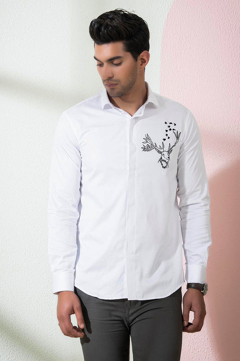 Bianco Reindeer — White Reindeer Embroidered Cotton Satin Shirt