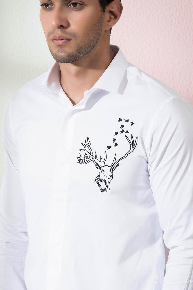 Bianco Reindeer — White Reindeer Embroidered Cotton Satin Shirt