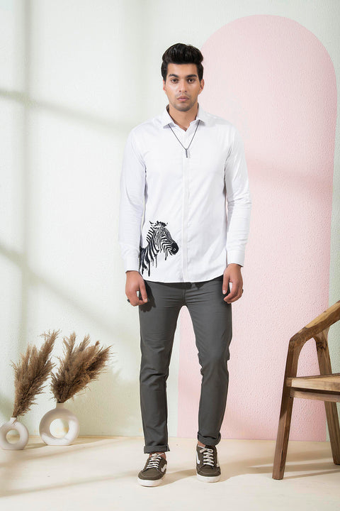 Stan — White Abstract Embroidered Cotton Satin Shirt