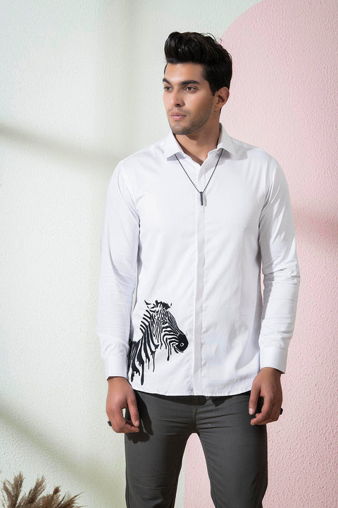 Stan — White Abstract Embroidered Cotton Satin Shirt