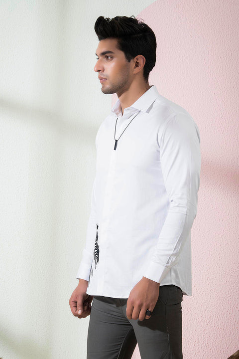 Stan — White Abstract Embroidered Cotton Satin Shirt